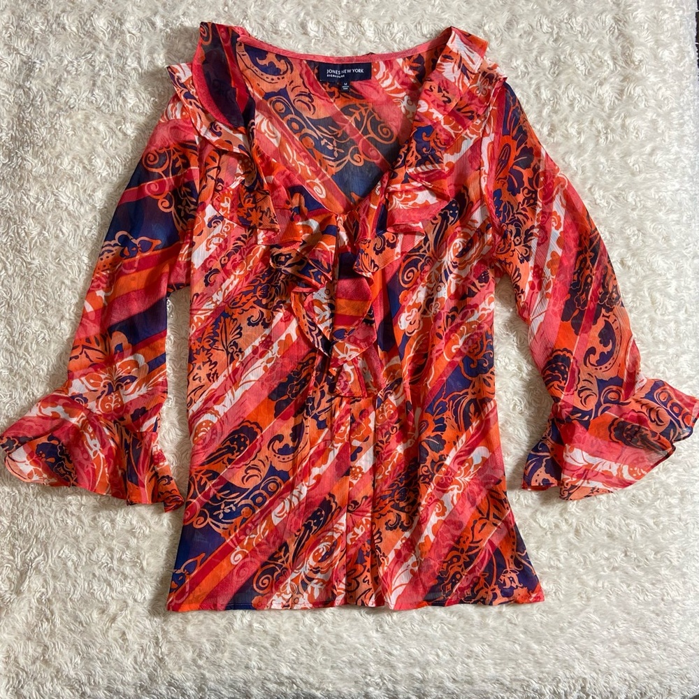 Vtg Jones New York Bell Sleeve Sheer Floral Ruffle Maximalist Blouse Medium M